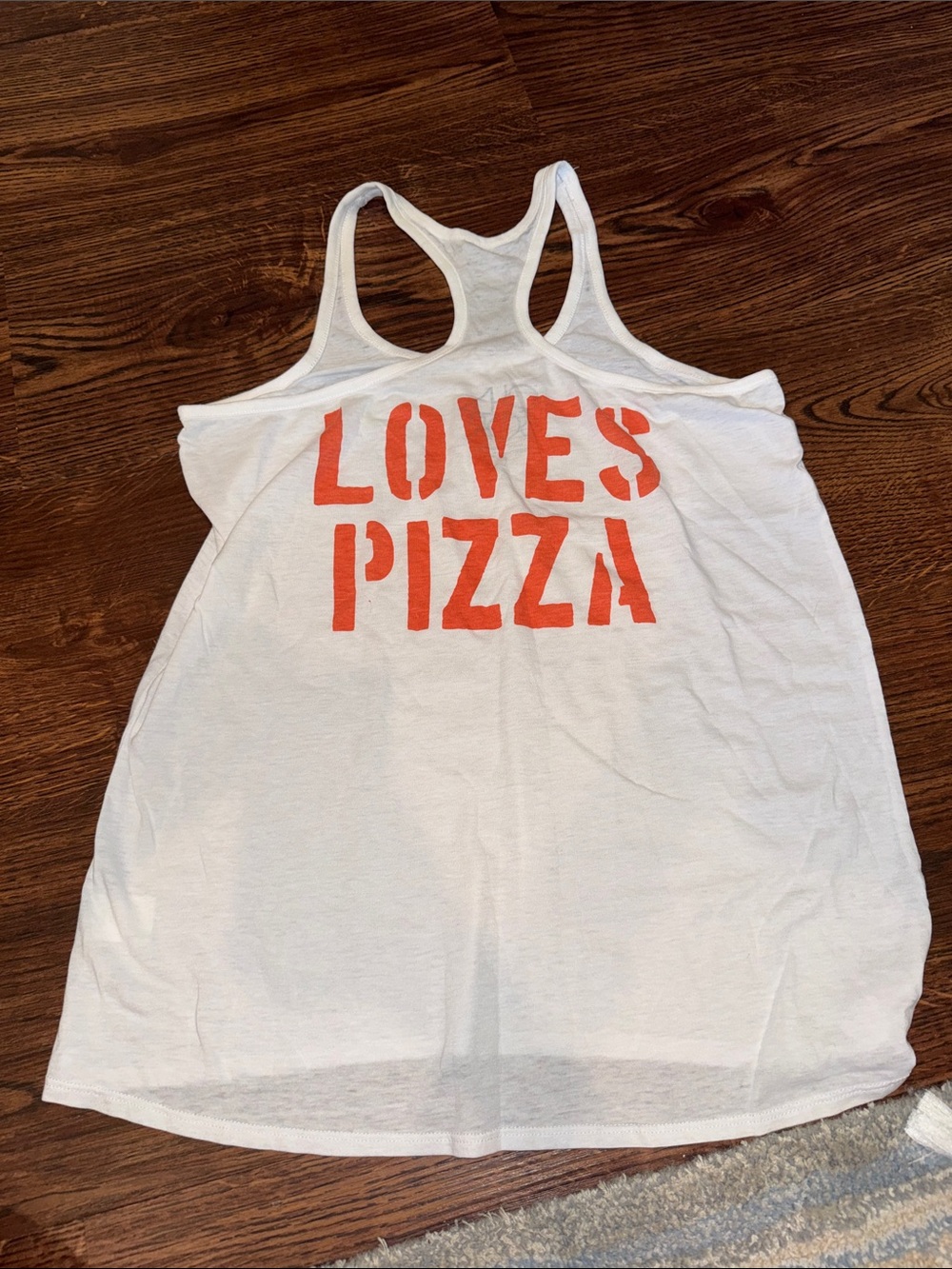 Chaser White Racerback Tank with Orange 'LOVES PIZZA' Graphic